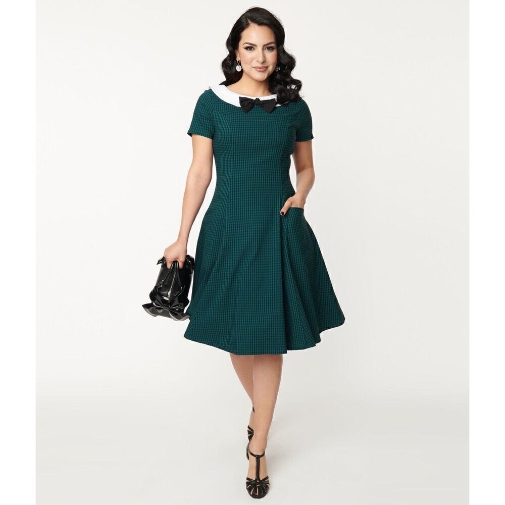 NWT Unique Vintage Black Green Gingham Eloise Swing Retro Dress Size L 10/12